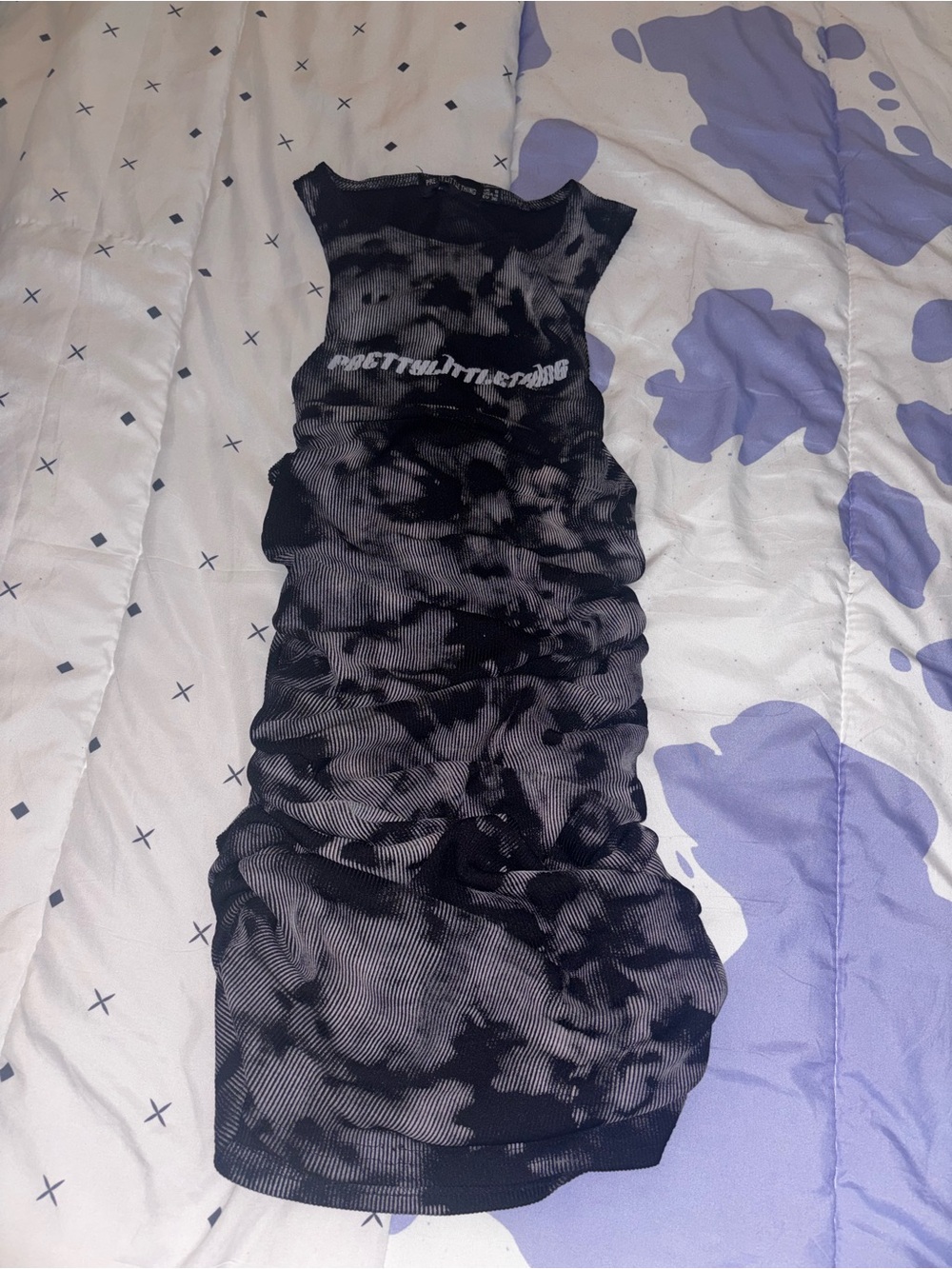 PrettyLittleThing Black Tie-Dye Ruched Bodycon Dress